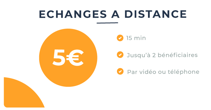 tarif echanges a distance, 15 minutes, jusqu'à 2 bénéficiaires, par vidéo ou téléphone